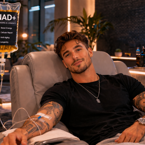 Young man receiving NAD+ IV infusion Young man receiving NAD+ IV infusion